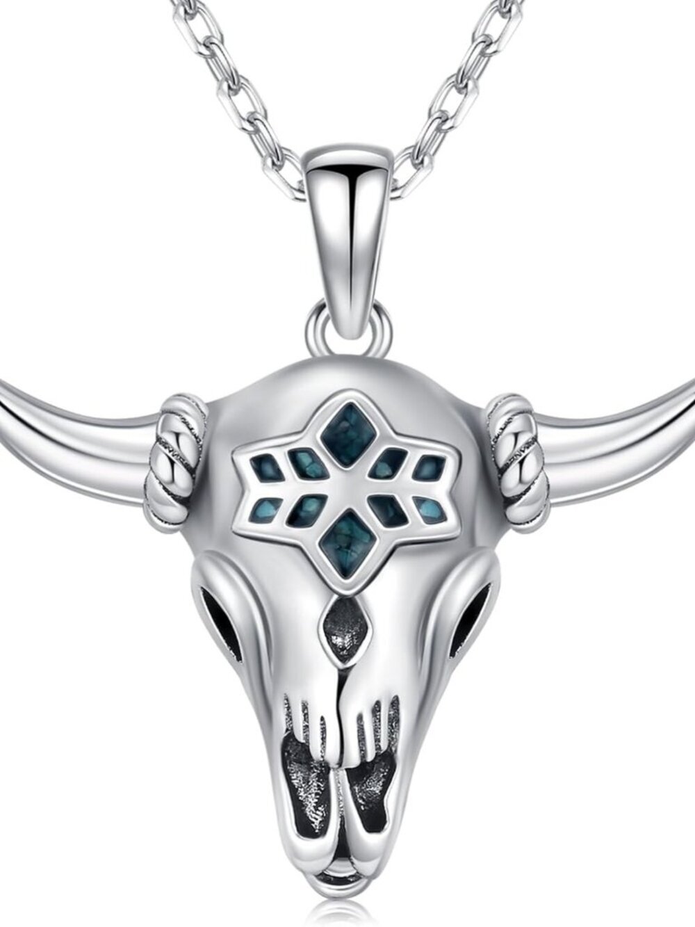 Women's Silver D Sterling Turquoise Pendant Highland Cow Skull Western Necklace